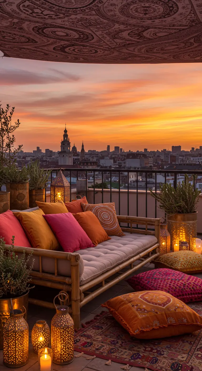 Dakterras met bamboe daybed, kleurrijke kussens en lantaarns bij zonsondergang.