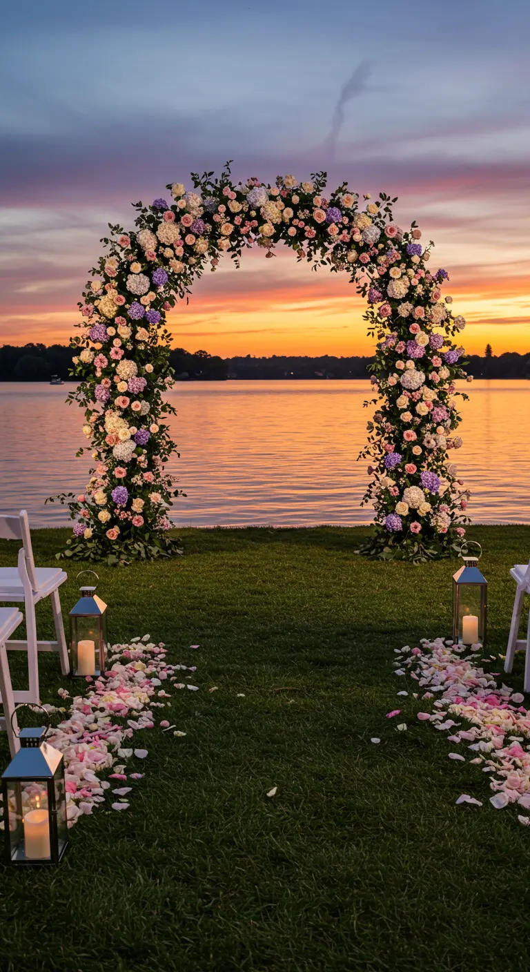 Volle bloemenboog in roze en paarse tinten bij een meer tijdens zonsondergang, met lantaarns.