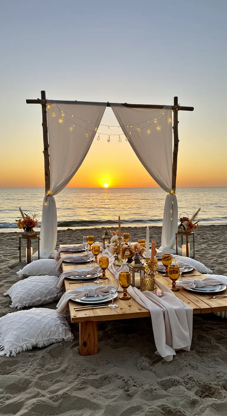 Bohemian gender reveal picknick op het strand met zonsondergang en lichtslingers.