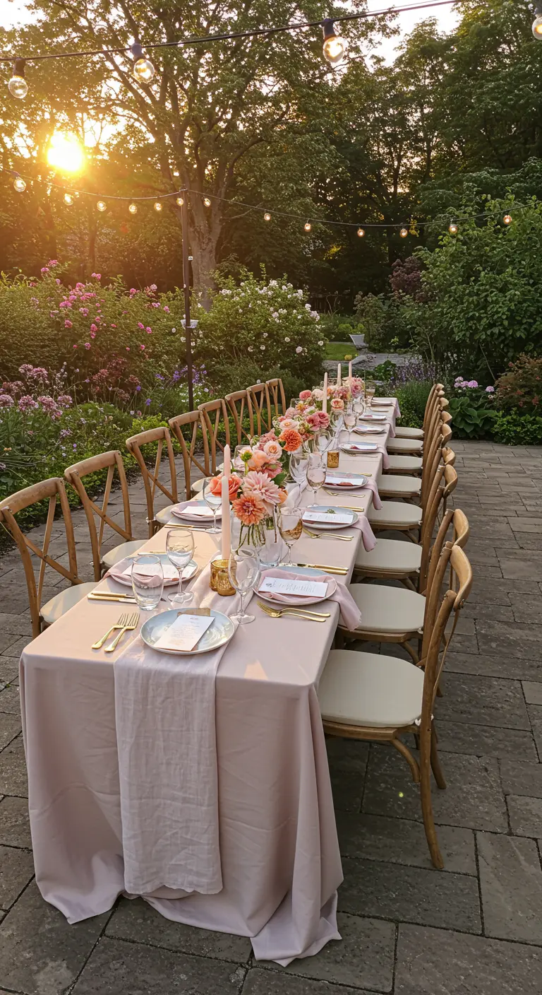 Lange eettafel buiten met perzikkleurige decoratie en zonsonderganglicht.