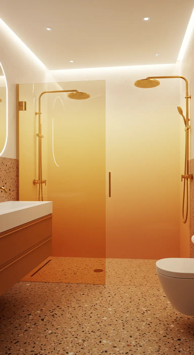 Badkamer met ombré geel-oranje glazen douchewand, terrazzo vloer en gouden accenten.