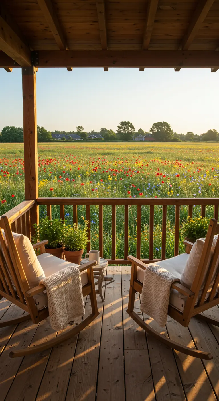 Twee houten schommelstoelen op een veranda met uitzicht op een bloeiende bloemenweide in de ochtendzon.