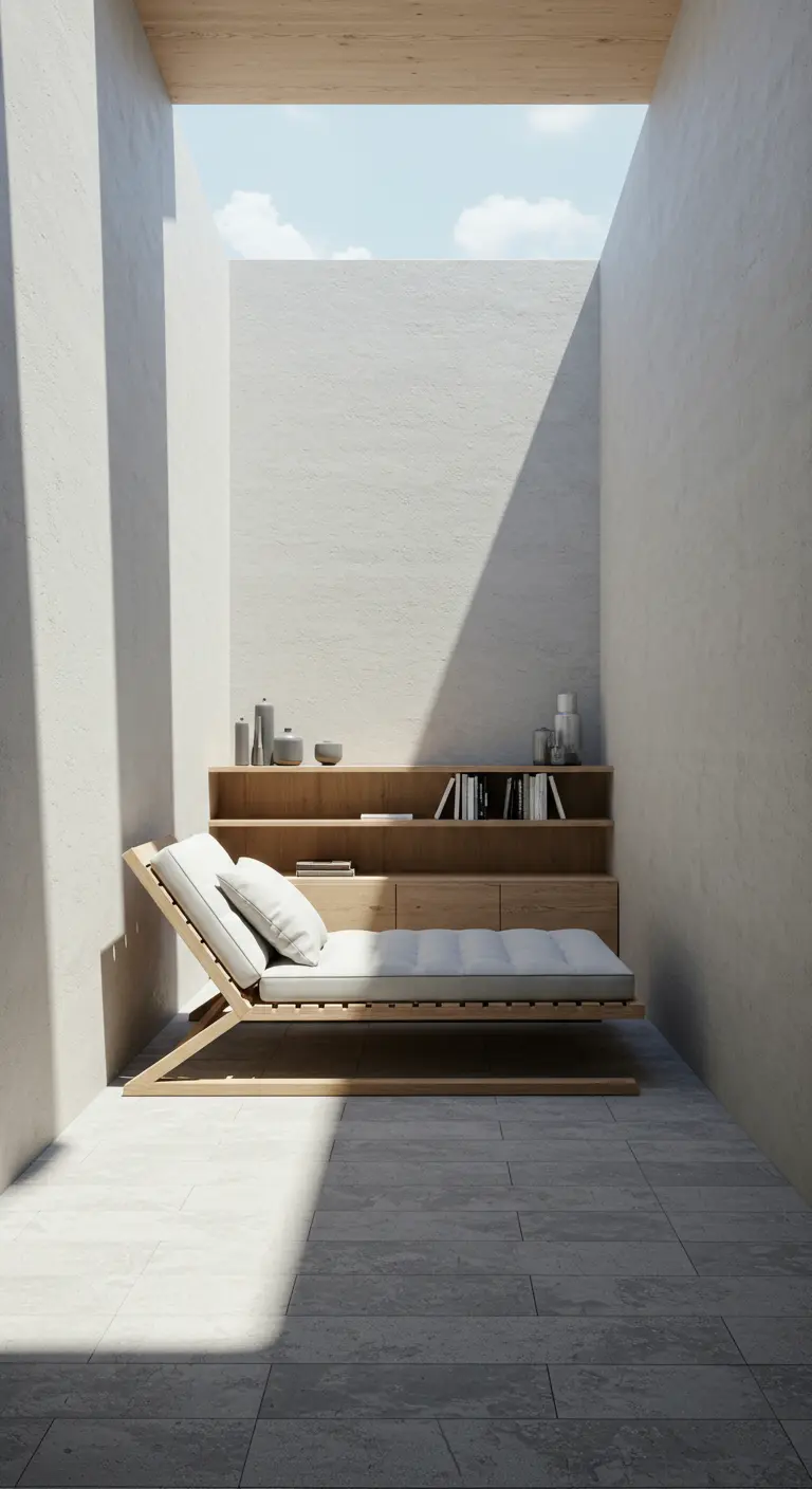 Houten loungebank met witte kussens in een minimalistische buitenruimte met hoge muren en zonlicht.