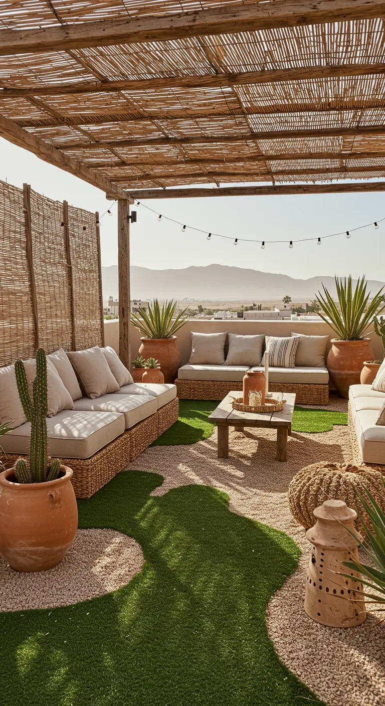 Mediterrane daktuin met bamboe pergola, kunstgras, grind, rieten meubels en cactussen.