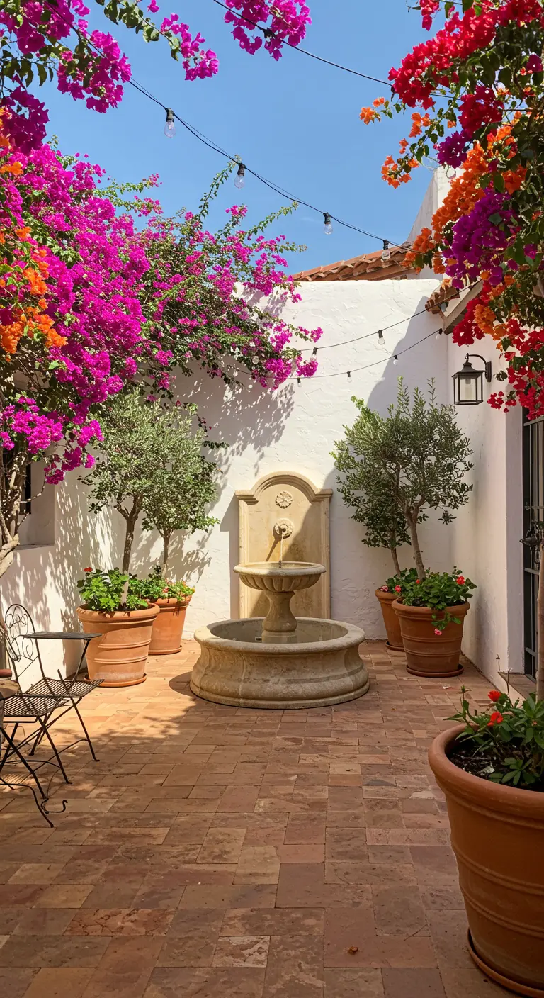 Zonnige mediterrane binnenplaats met fontein, kleurrijke bougainvillea en subtiele lichtslingers.