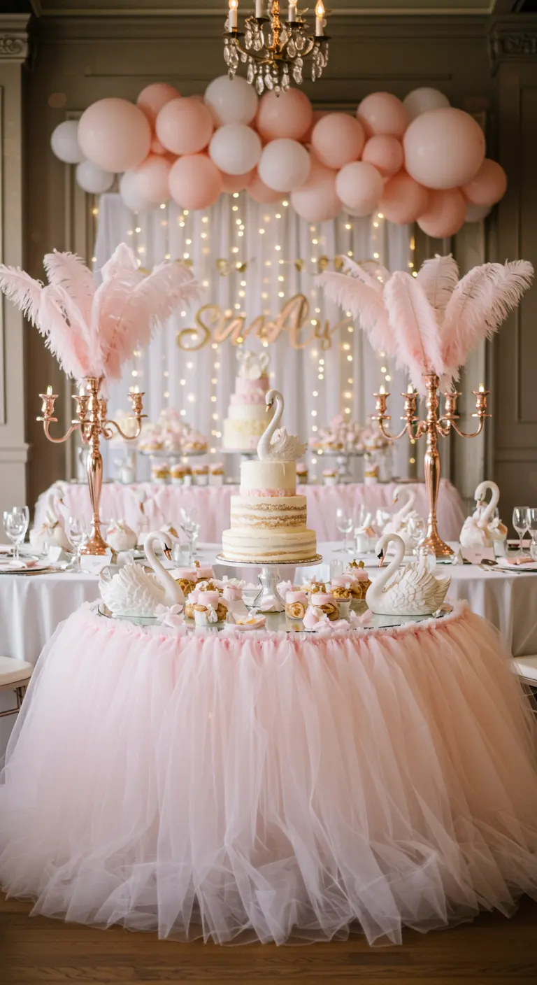Elegante babyshower met zwanenthema, roze tule, veren en gouden accenten.