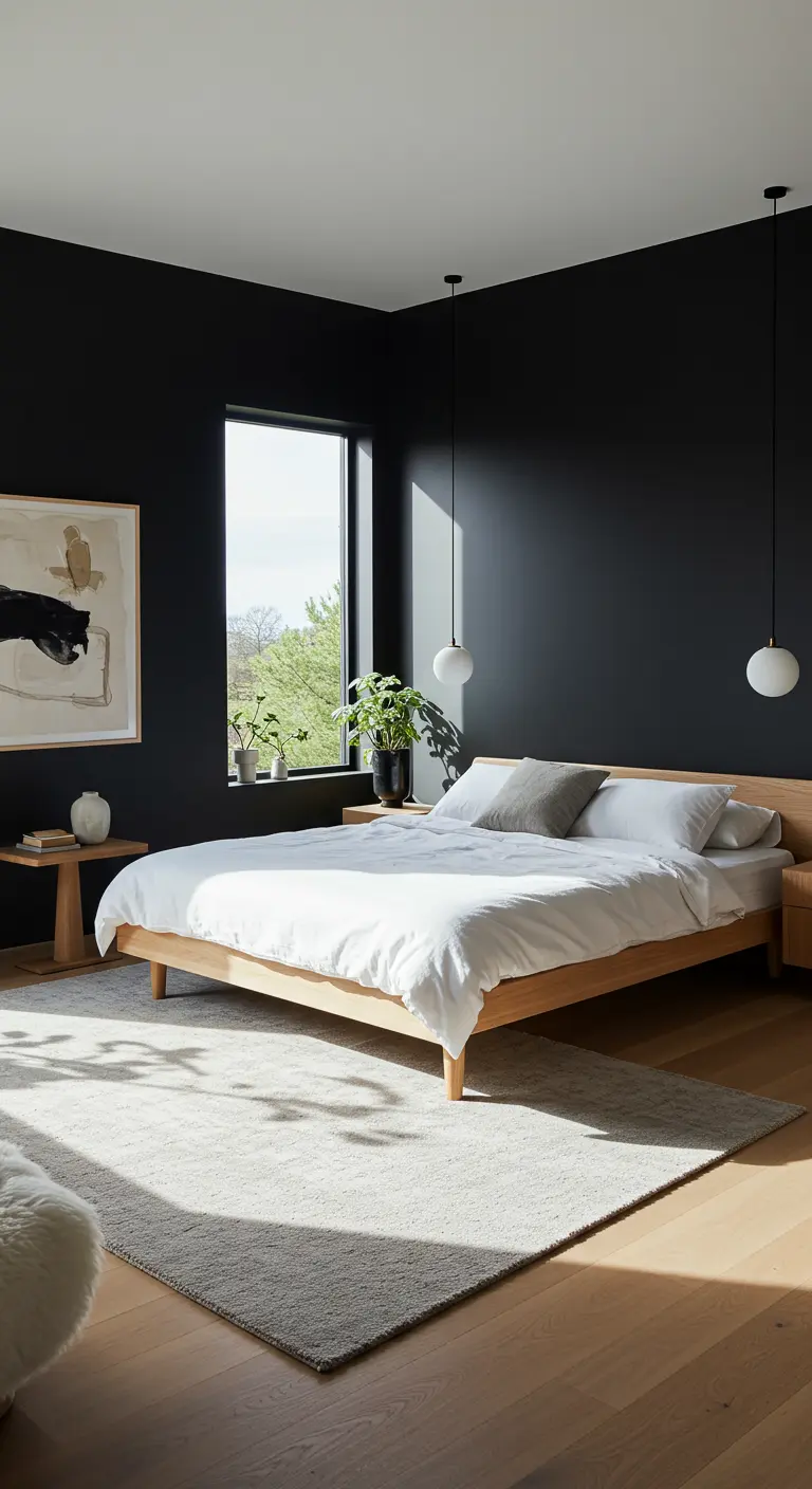 Moderne slaapkamer met zwarte muren, houten bed en groot raam met daglicht.