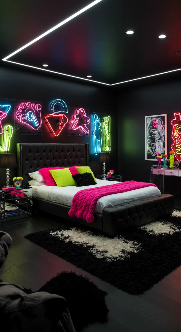 Zwarte slaapkamer met felle neonverlichting op muren en plafond, zwart bed en felle kussens.