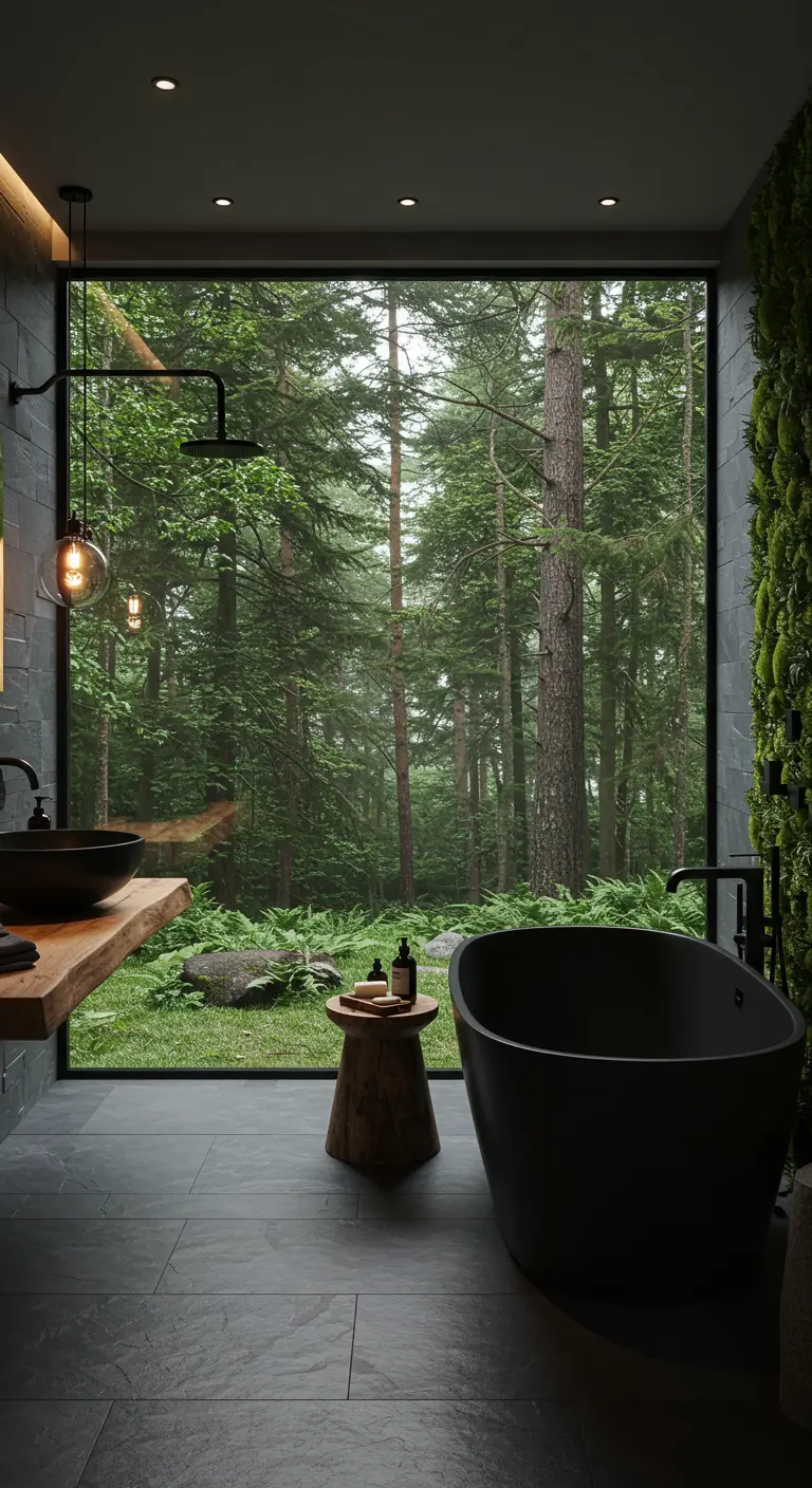Badkamer met groot raam en boszicht, zwart bad en waskom, natuurlijke elementen.