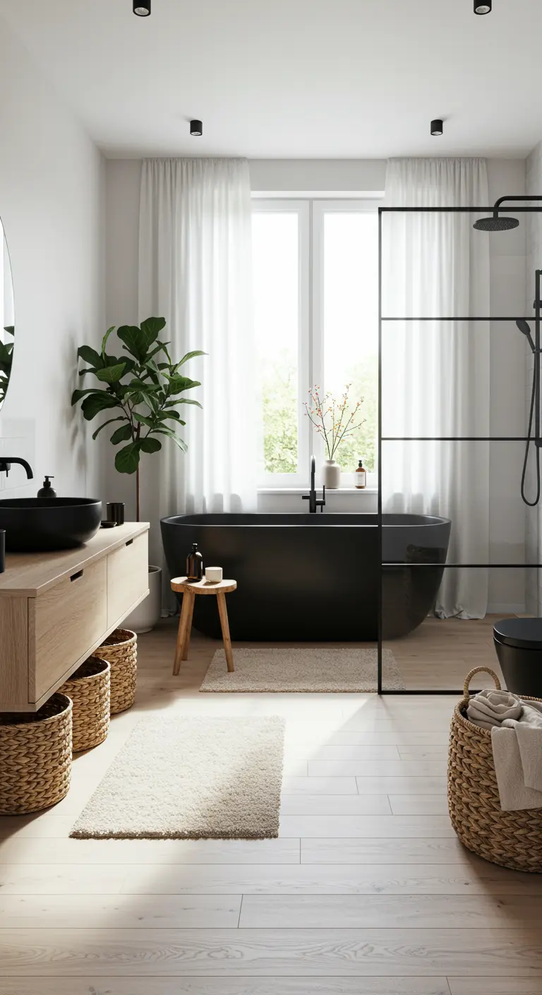Lichte badkamer met zwart vrijstaand bad, houten meubel en rieten manden.