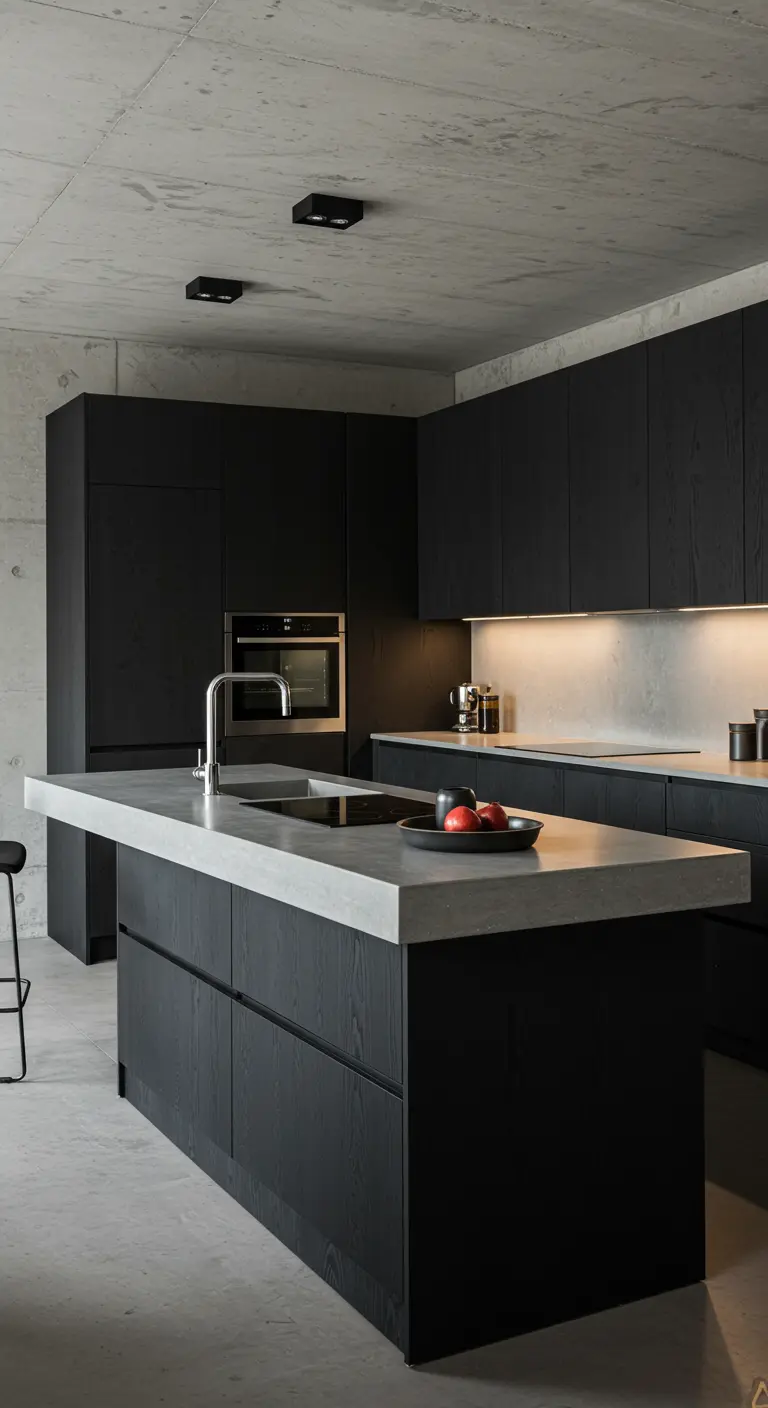 Minimalistische keuken met matzwarte kasten en betonnen werkblad en spatwand.