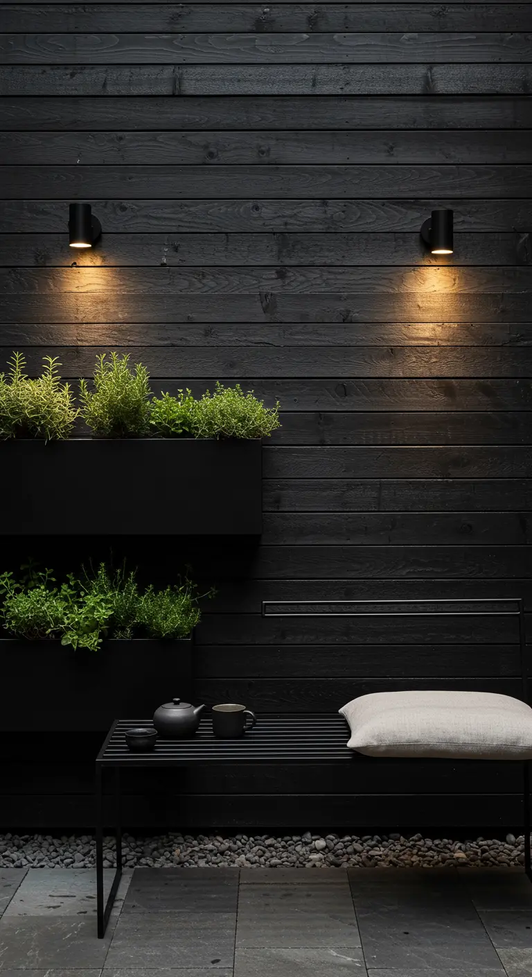 Zwarte houten panelenwand met twee strakke, zwarte plantenbakken vol groene kruiden.