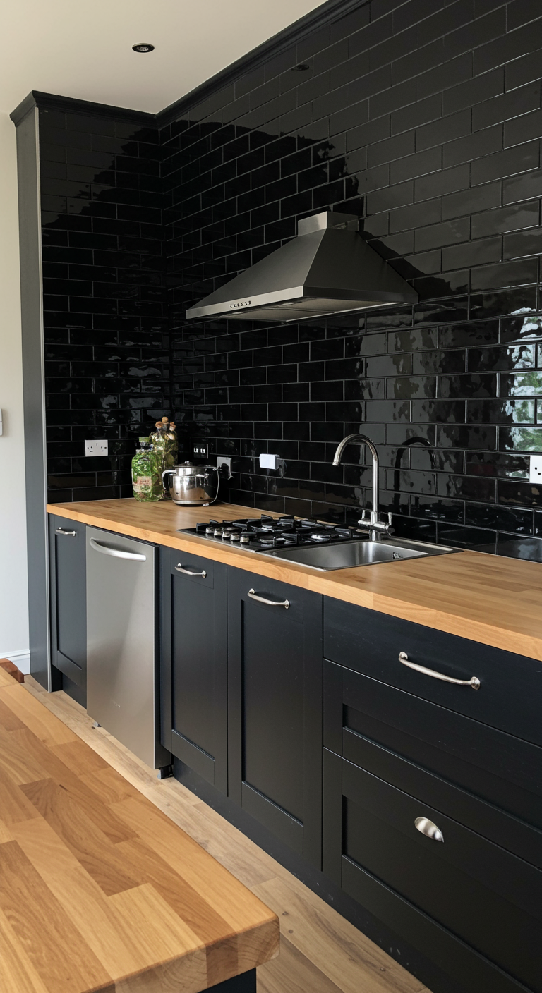 Zwarte keuken met zwarte metrotegels en een licht houten werkblad.