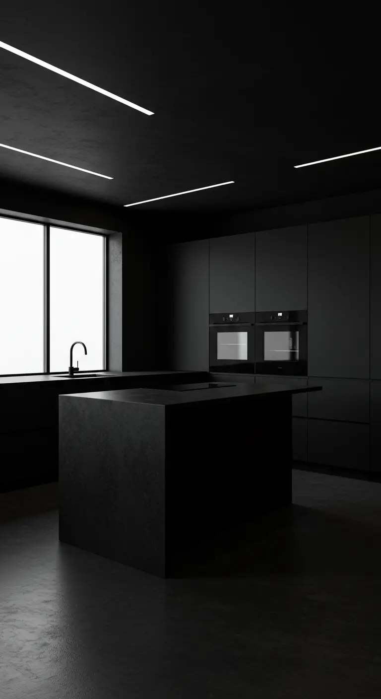 Volledig zwarte minimalistische keuken met lijnverlichting en groot raam.