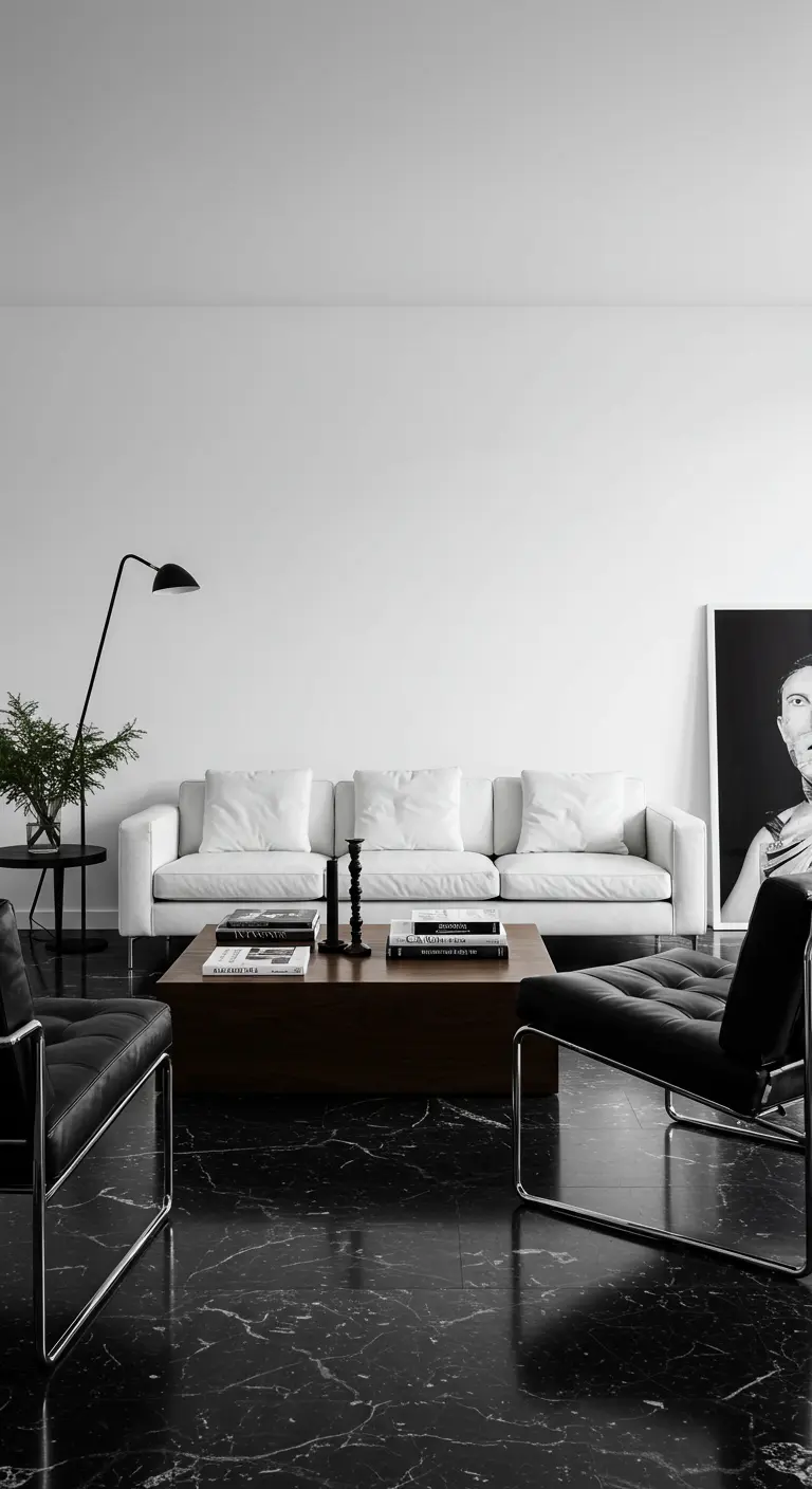 Moderne woonkamer met een glanzende zwarte marmeren vloer, een witte bank en zwarte designstoelen.