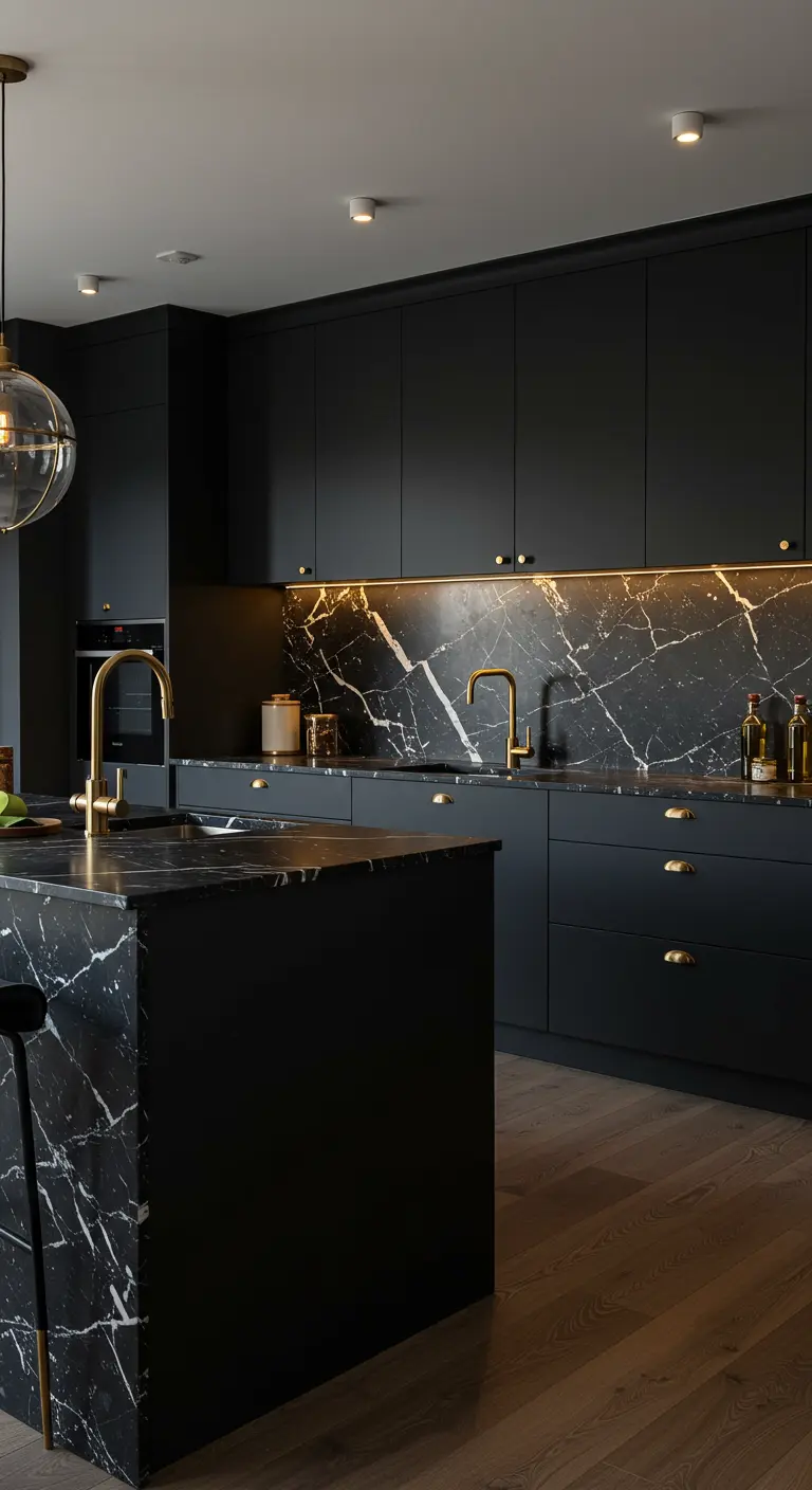 Zwarte keuken met zwart marmeren achterwand en eiland met gouden aders, messing kranen en knoppen.