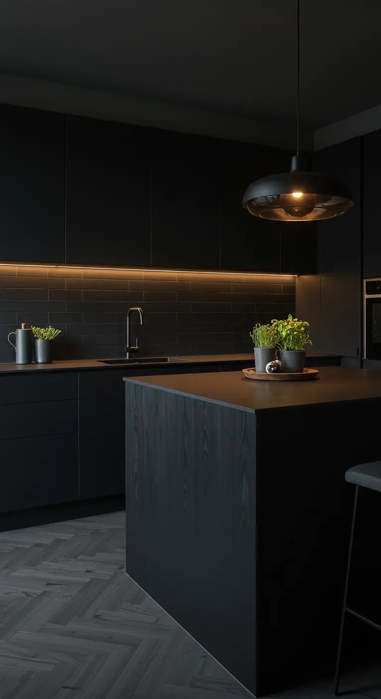 Matzwarte keuken met kookeiland en warme onderkastverlichting.
