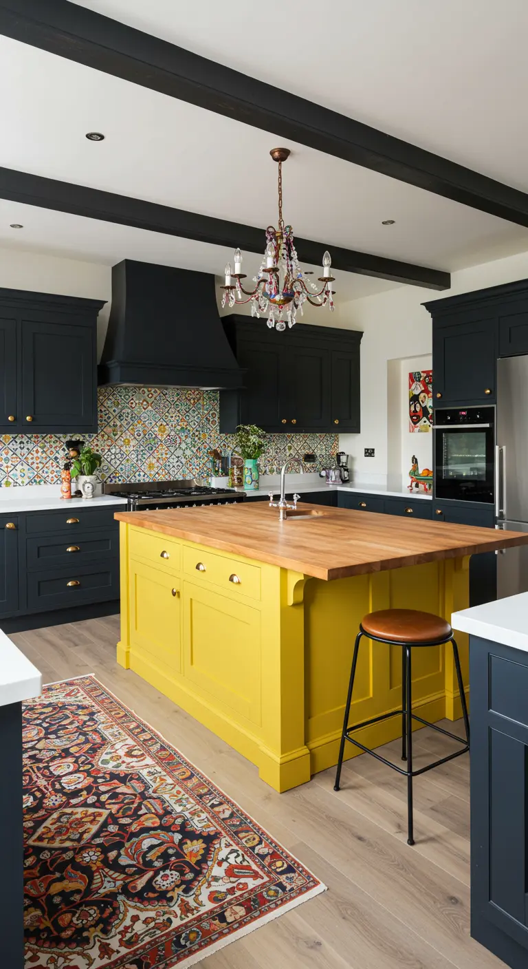 Zwarte keuken met een felgeel eiland, kleurrijke tegeltjes en een Perzisch tapijt.