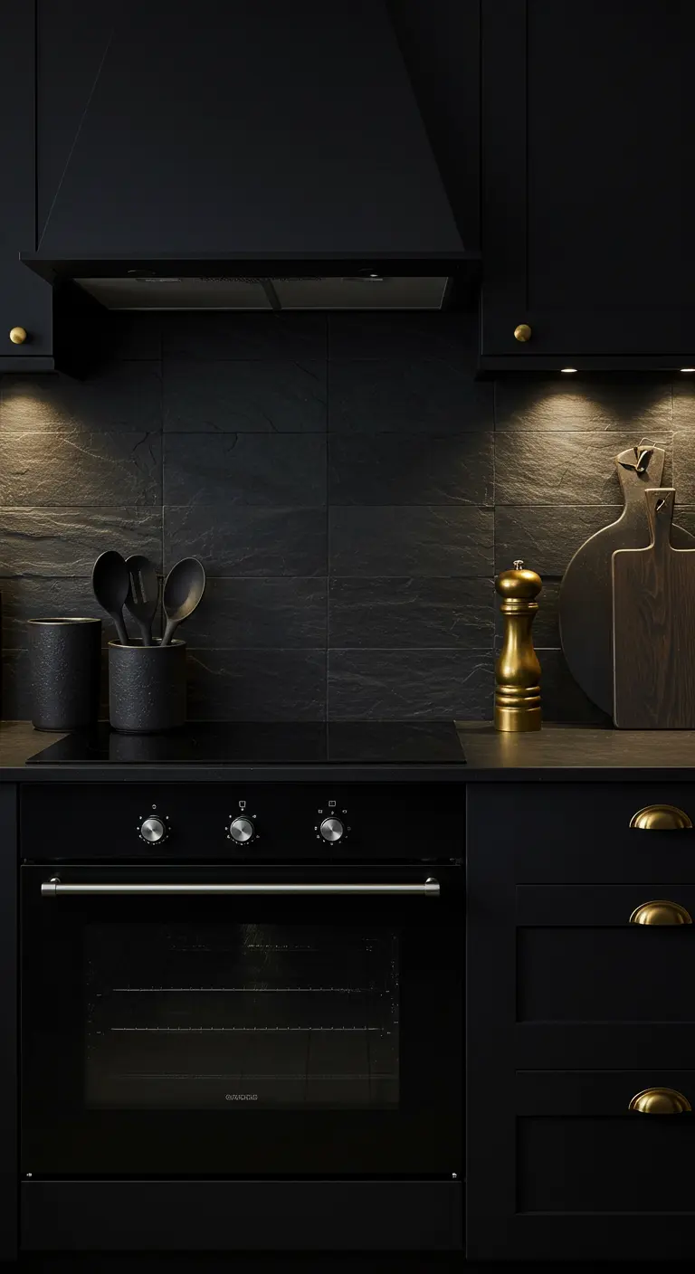 Zwarte keuken met zwarte oven, leisteen tegels en gouden accenten.
