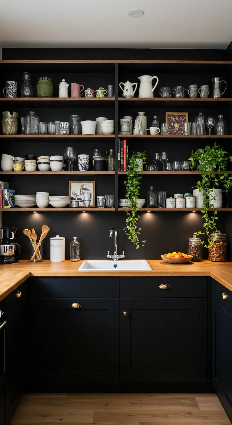 Zwarte keukenonderkasten met open houten planken vol servies en hangplanten.