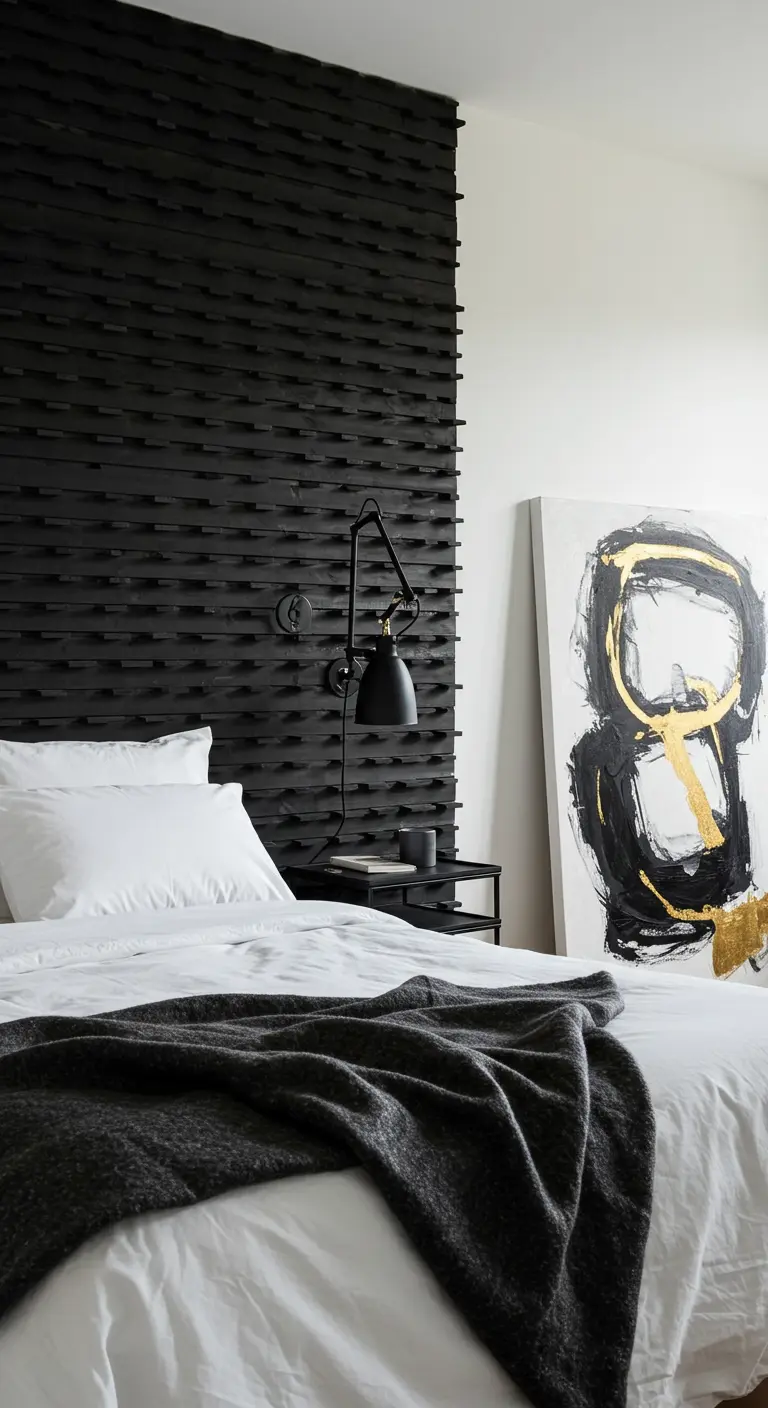 Moderne slaapkamer met zwarte houten latjes accentmuur en witte lakens.