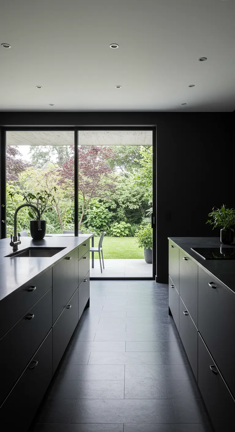 Zwarte keuken met donkere tegelvloer en grote glazen pui met uitzicht op de tuin.