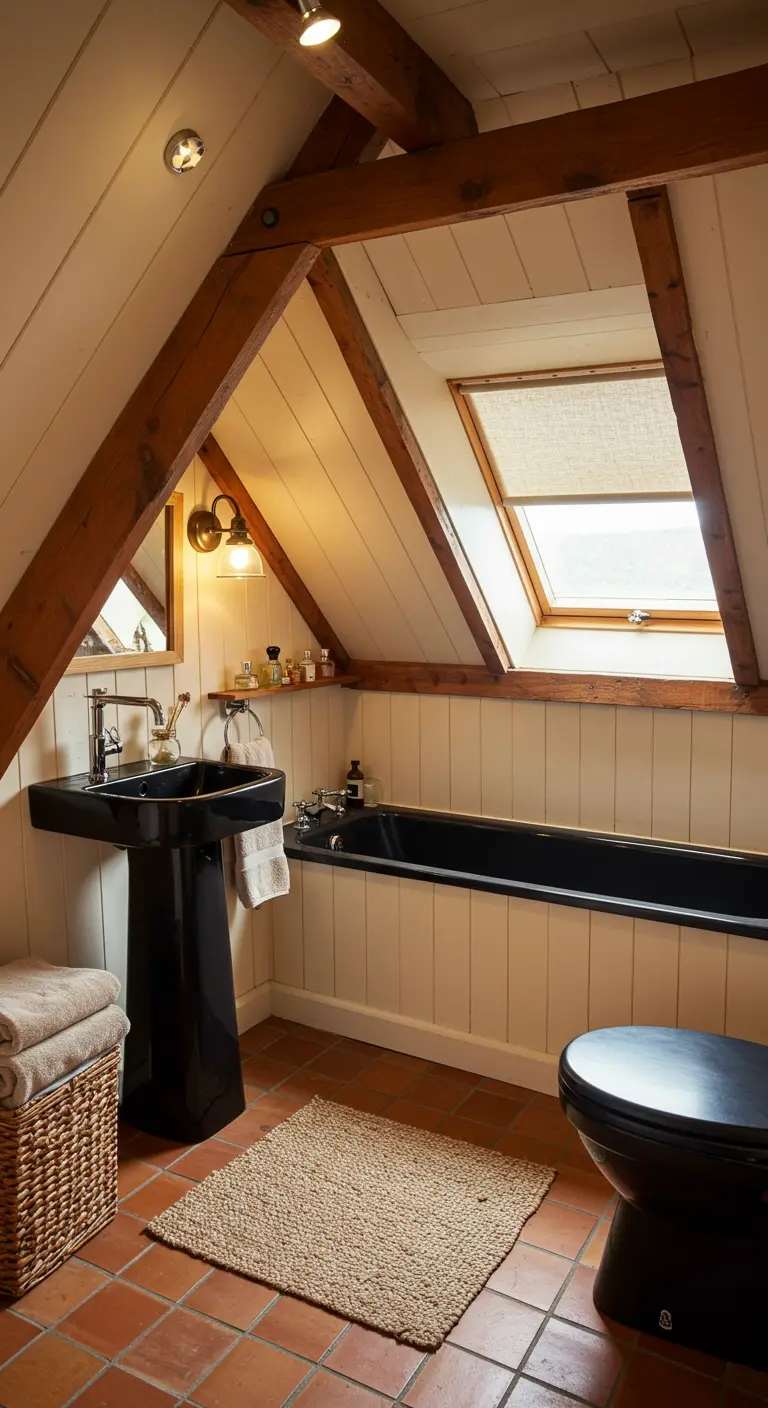 Badkamer onder schuin dak met zwart bad, zwarte wastafel en terracotta tegels.