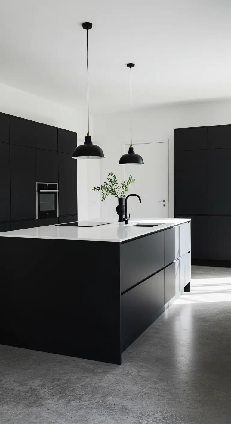 Moderne keuken met matzwarte kasten, wit eiland en witte muren.