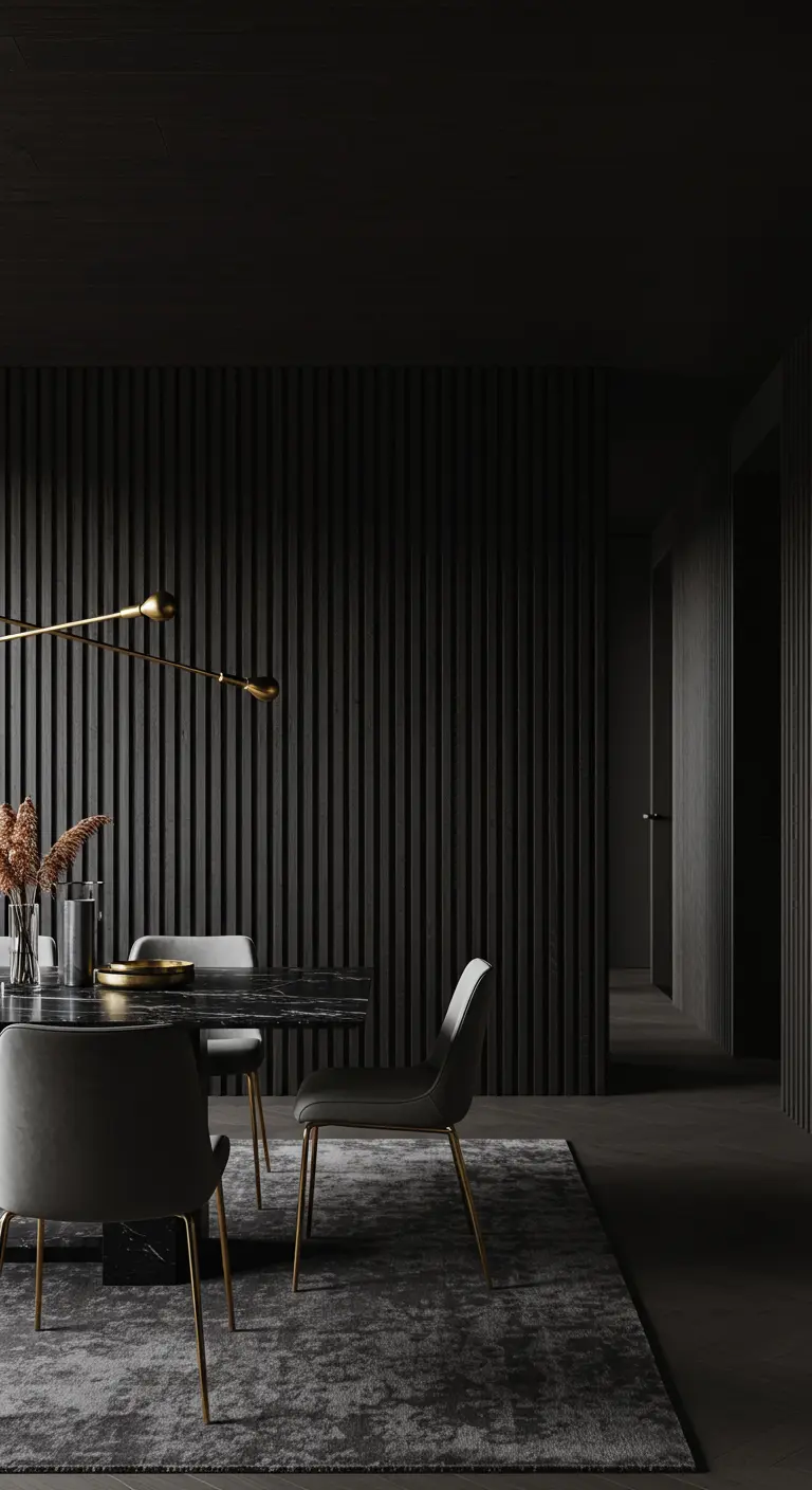 Donkere eetkamer met zwarte verticale wandpanelen en moderne meubels.