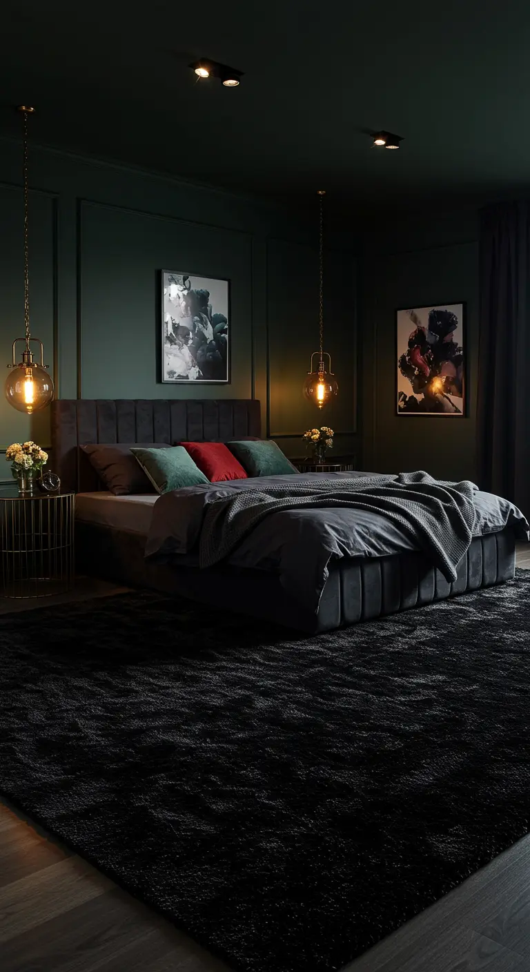 Donkere, luxe slaapkamer met een groot, zwart hoogpolig vloerkleed.