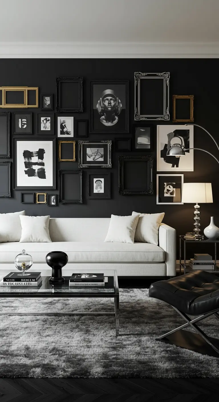Witte bank voor een zwarte muur met een gallery wall van zwarte lijsten.
