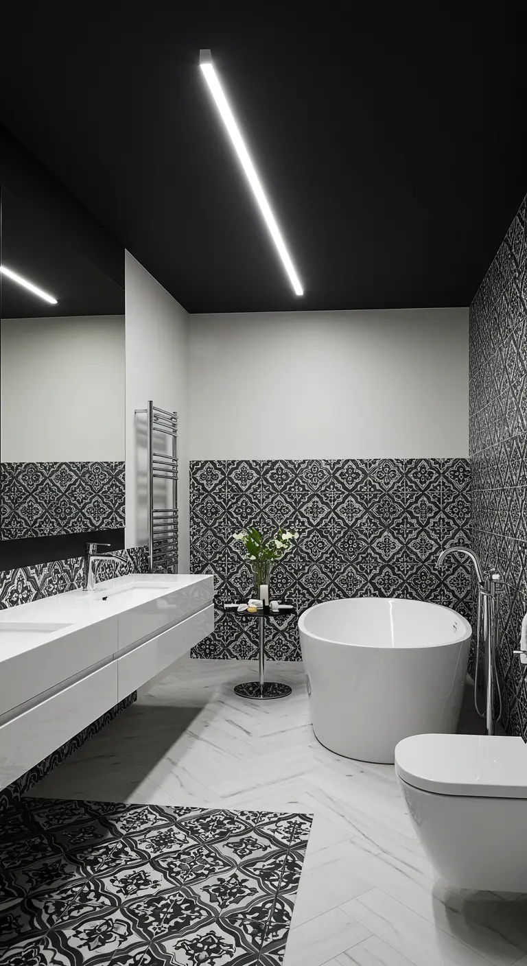 Moderne badkamer met zwart plafond, witte muren, gedessineerde tegels en een strakke lineaire plafondlamp.