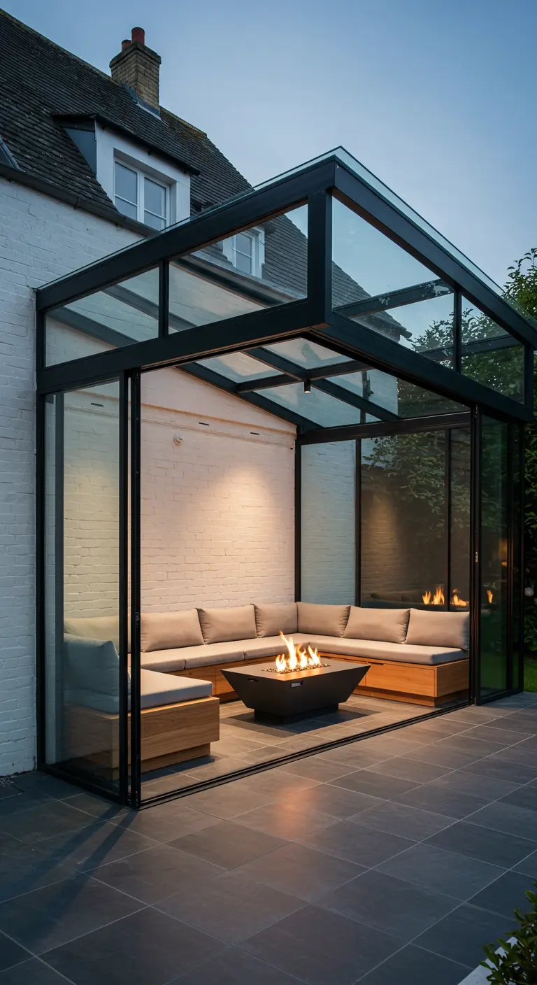Moderne glazen tuinkamer met zwart stalen frame, vuurplaats en comfortabele loungeset.