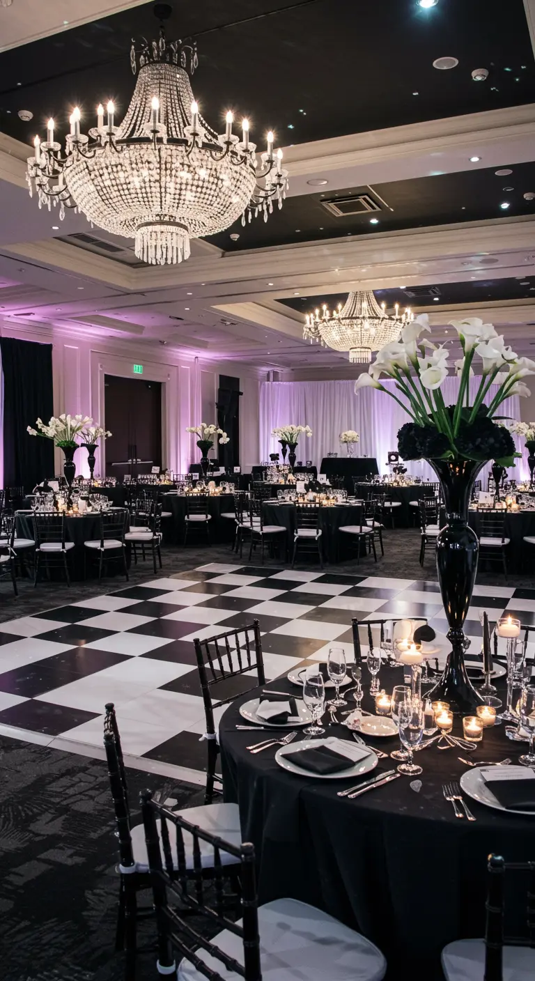 Elegante feestzaal met zwart-wit thema, geblokte vloer, kroonluchters en witte bloemen.