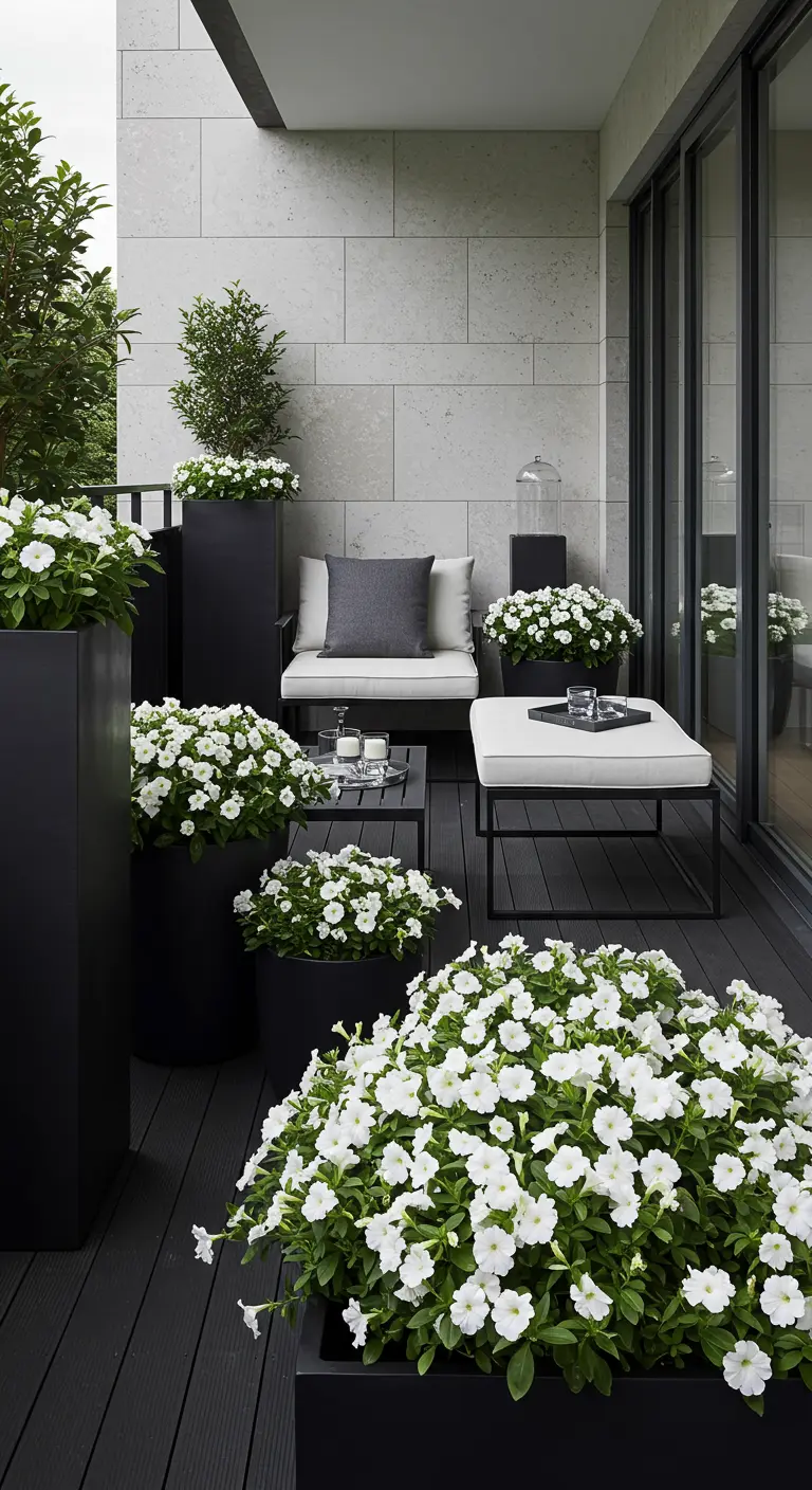 Overvloedige witte petunia's in moderne, matzwarte vierkante en rechthoekige plantenbakken.