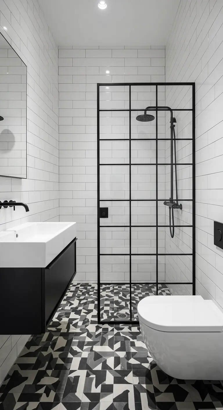 Zwart-witte badkamer met grafische vloertegels en douchewand met zwart frame.