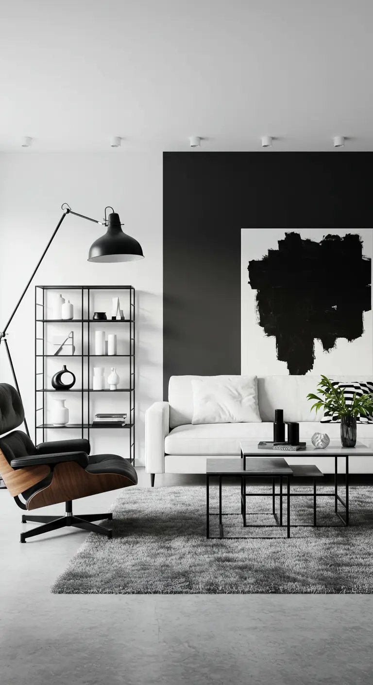 Moderne Scandinavische woonkamer met zwart-wit contrast, designstoel en grote kunst.
