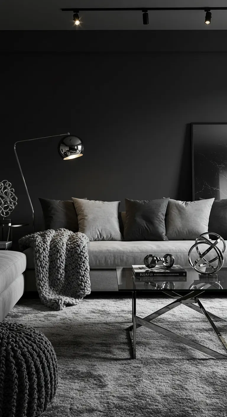 Monochromatische woonkamer met grijze bank, zwarte muur en zilveren accenten.