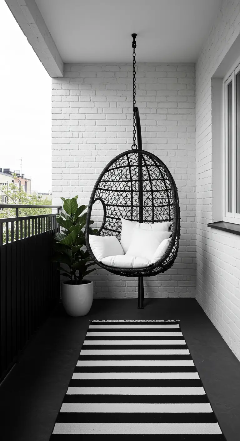 Modern balkon met zwarte hangstoel, wit-zwart gestreept kleed en witte bakstenen muur.