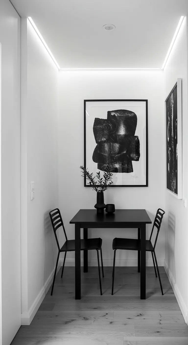 Strakke zwart-witte eethoek met minimalistische tafel en stoelen, abstracte kunst en plafondverlichting.