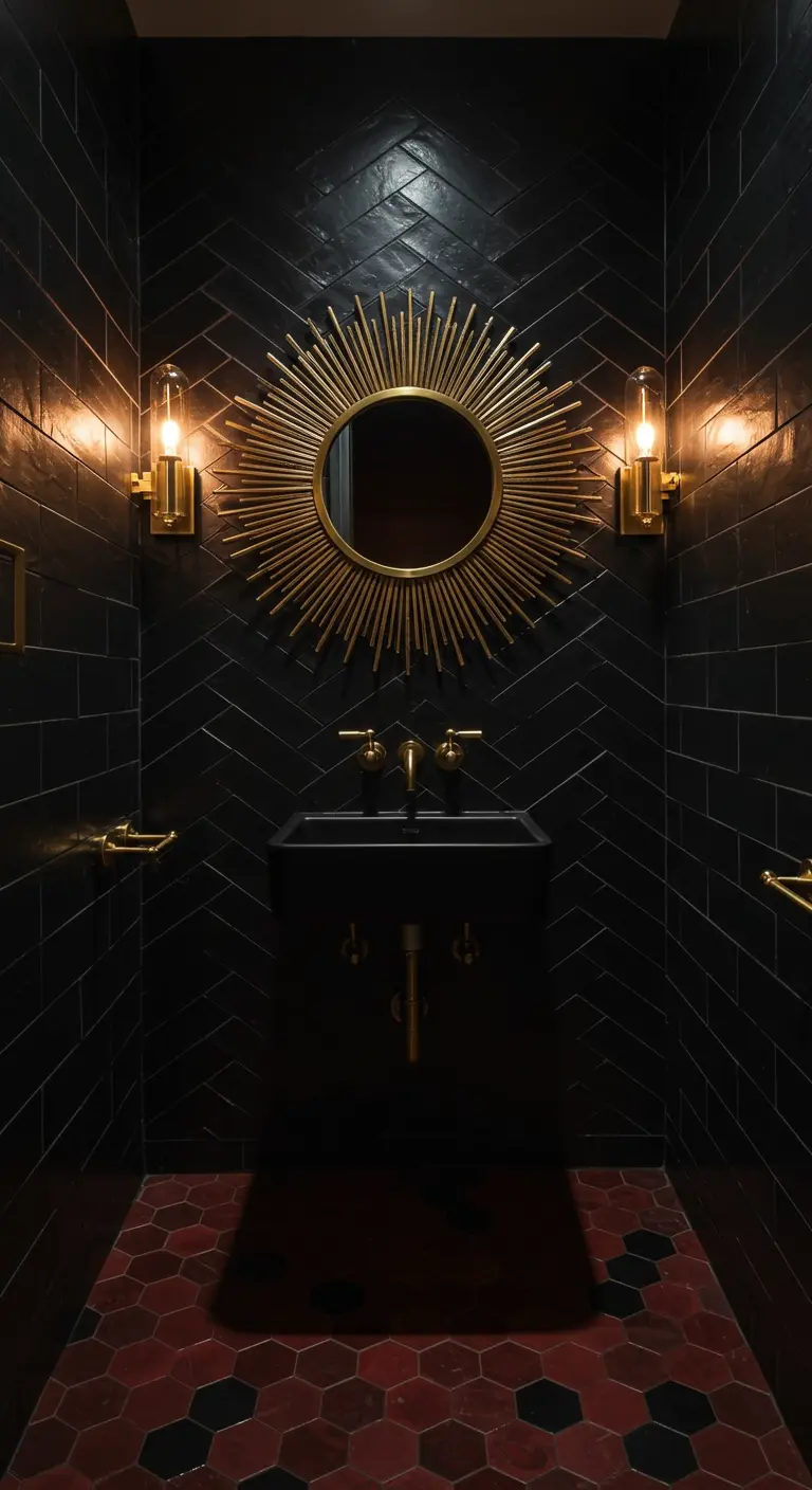 Zwarte badkamer met visgraat wandtegels, gouden zonnespiegel en gouden kranen.