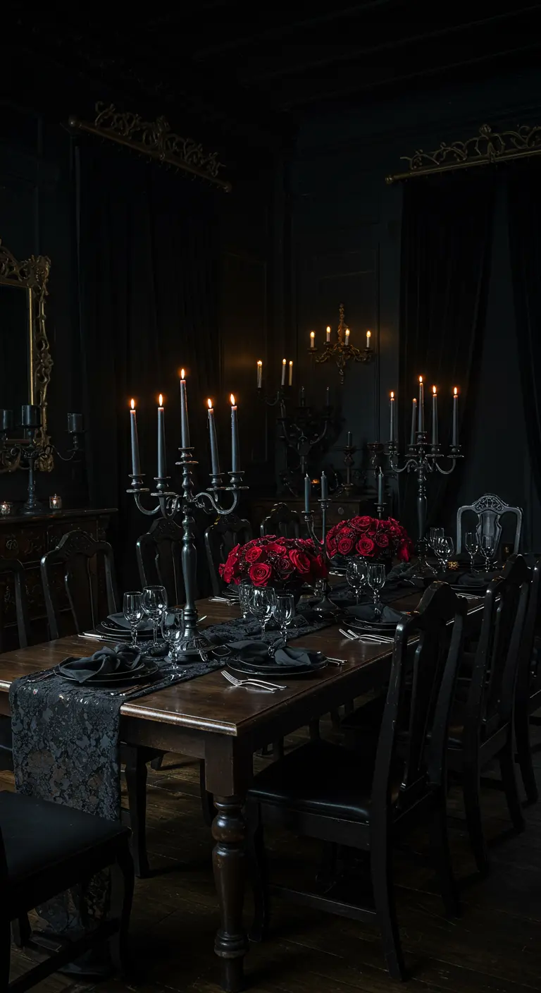Donkere, sfeervolle eettafel met zwarte decoratie en rode rozen.