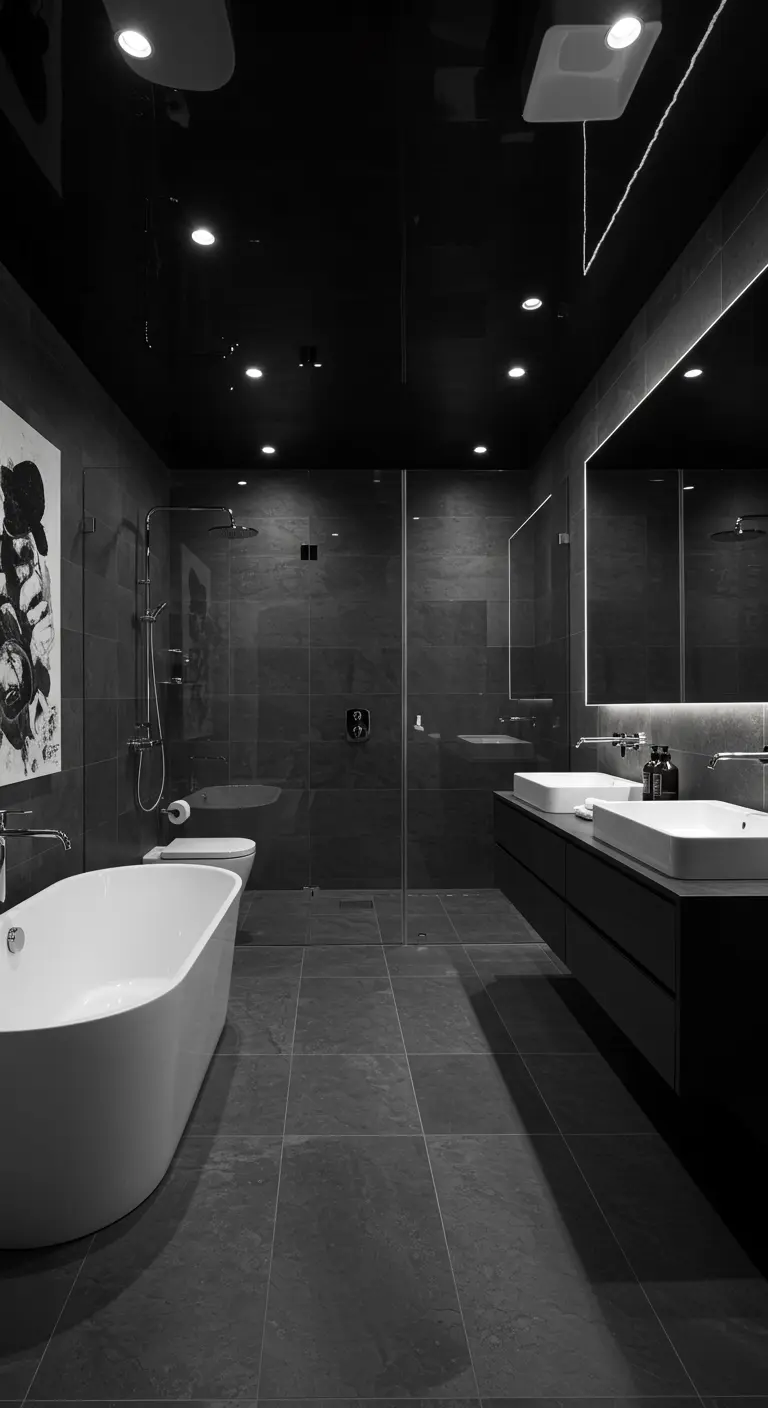 Moderne badkamer met hoogglans zwart plafond en donkere tegels.