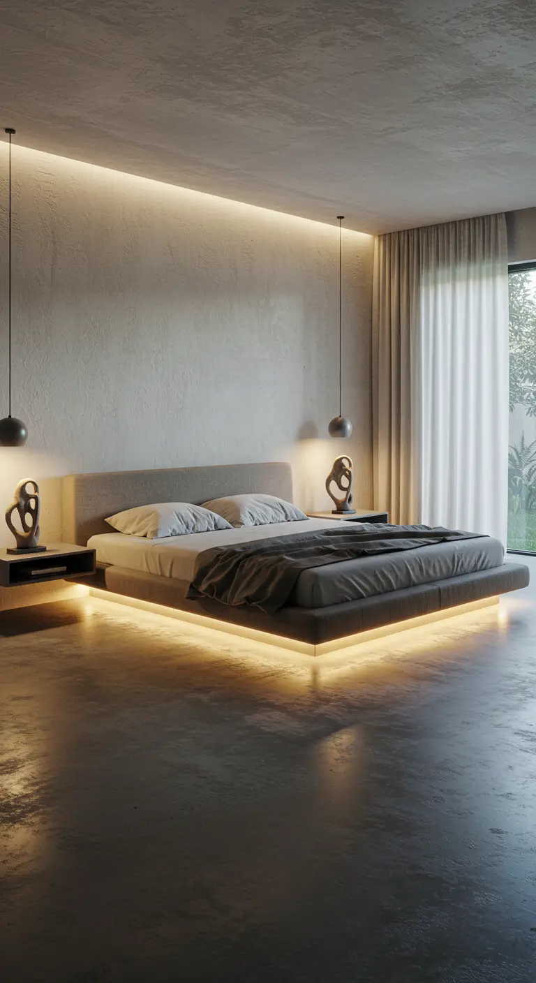 Modern bed met warmgele LED-verlichting eronder, waardoor het lijkt te zweven.