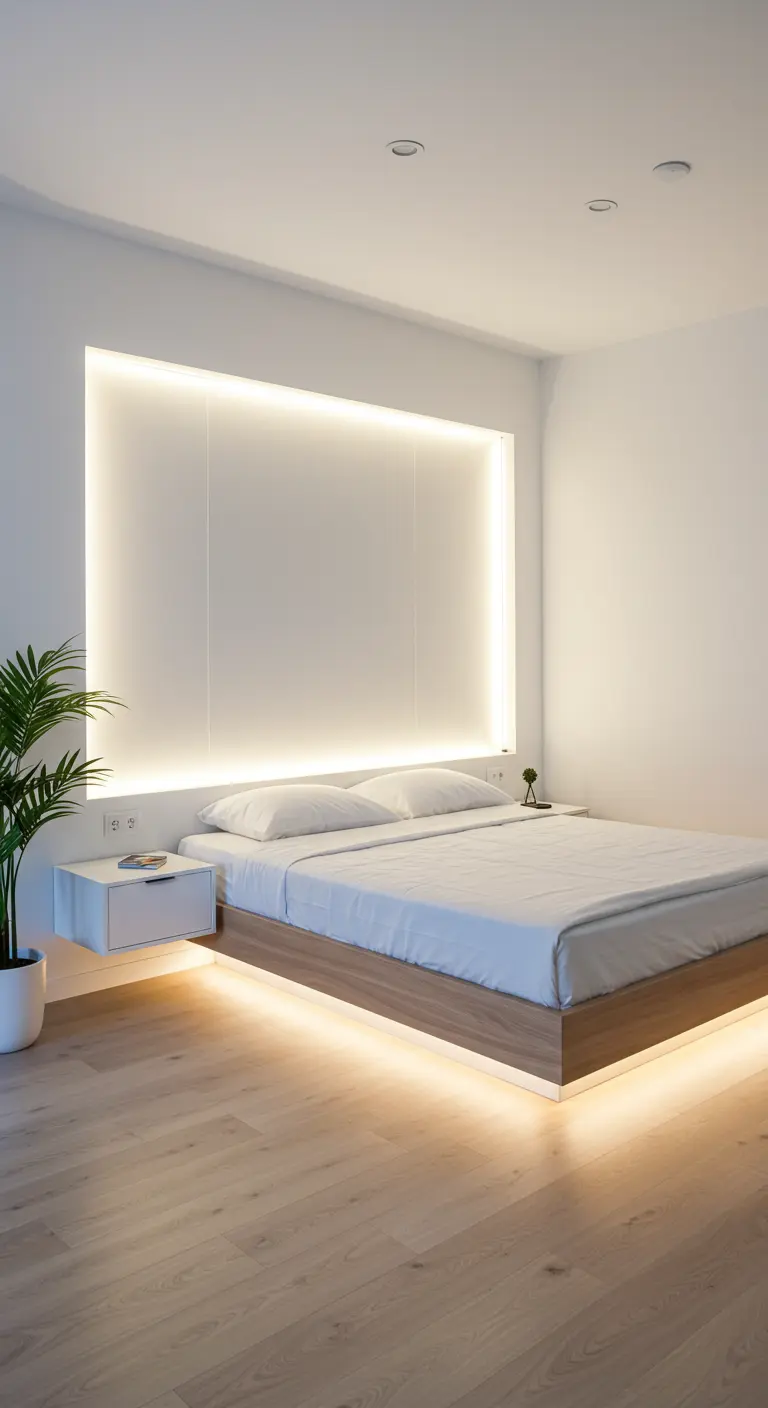 Moderne slaapkamer met zwevend bed en indirecte LED-verlichting.