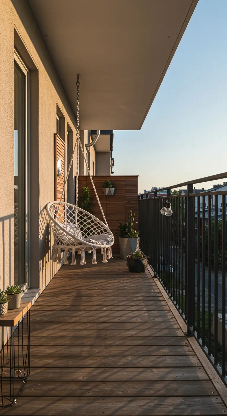 Witte macramé hangstoel op zonnig balkon met houten vlonder en kleine plantjes.