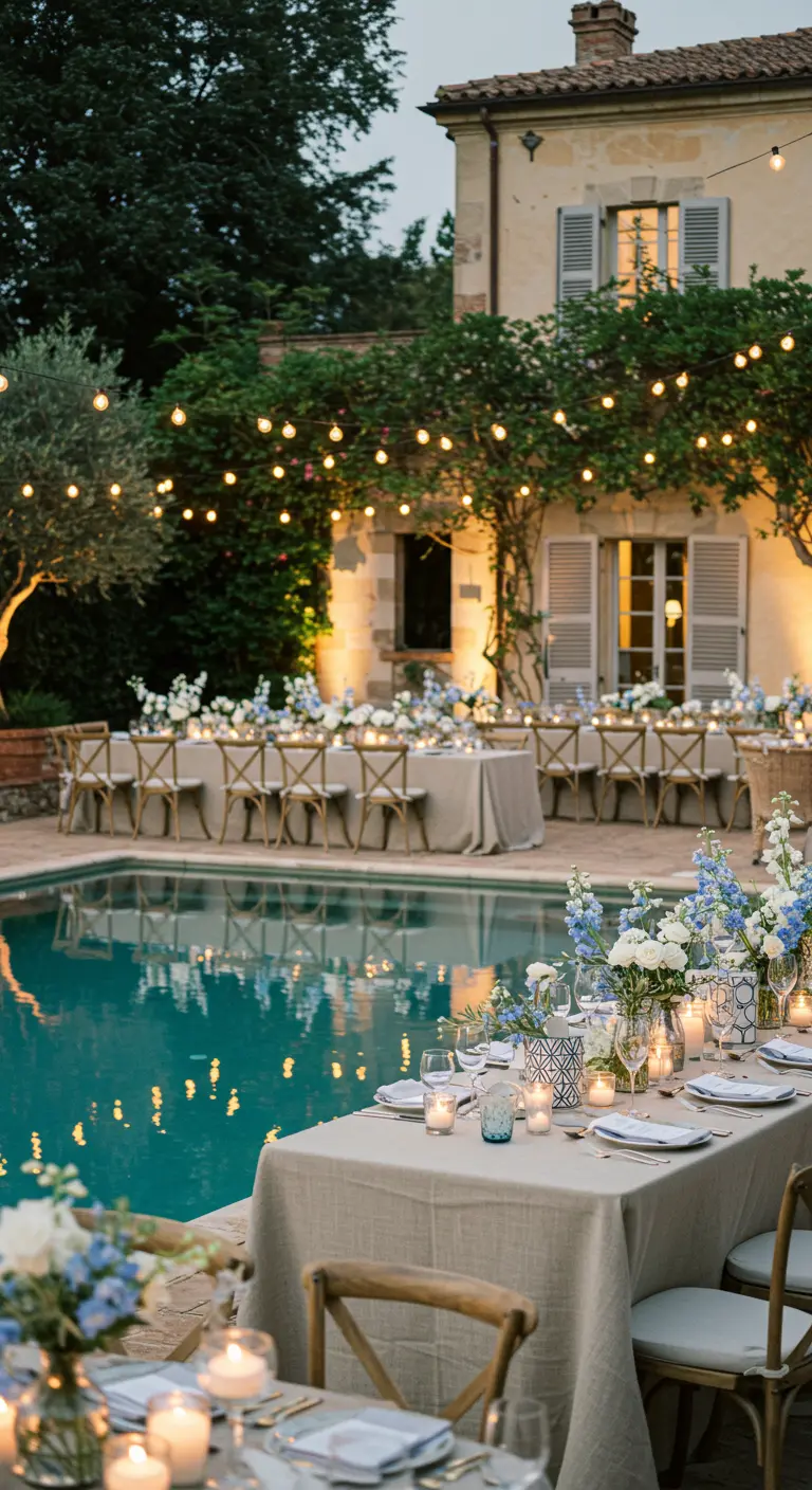 Avonddiner langs zwembad met kaarsen, bloemen en string lights