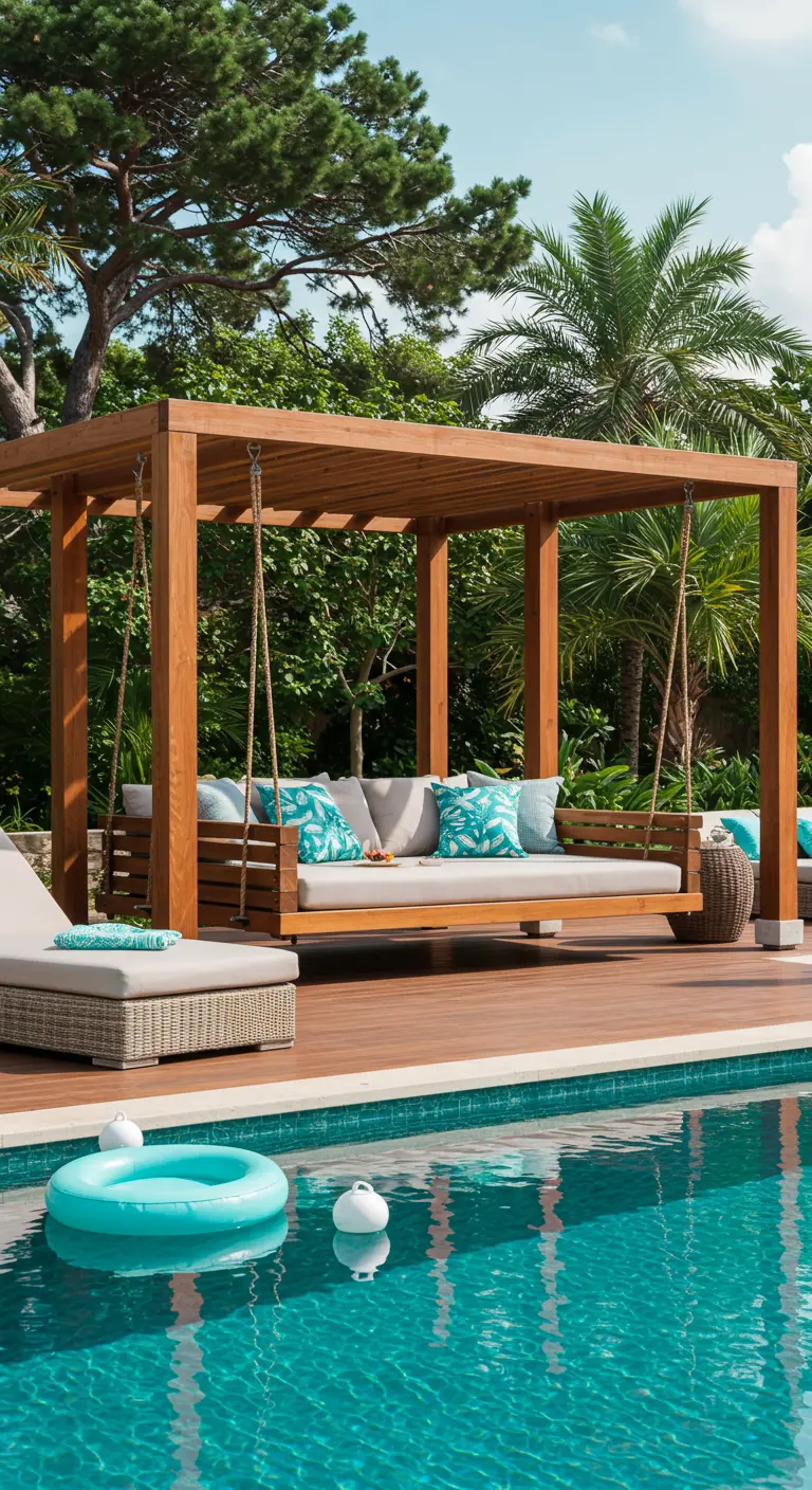 Groot houten pergola met schommel dagbed naast een zwembad, omringd door tropische beplanting.