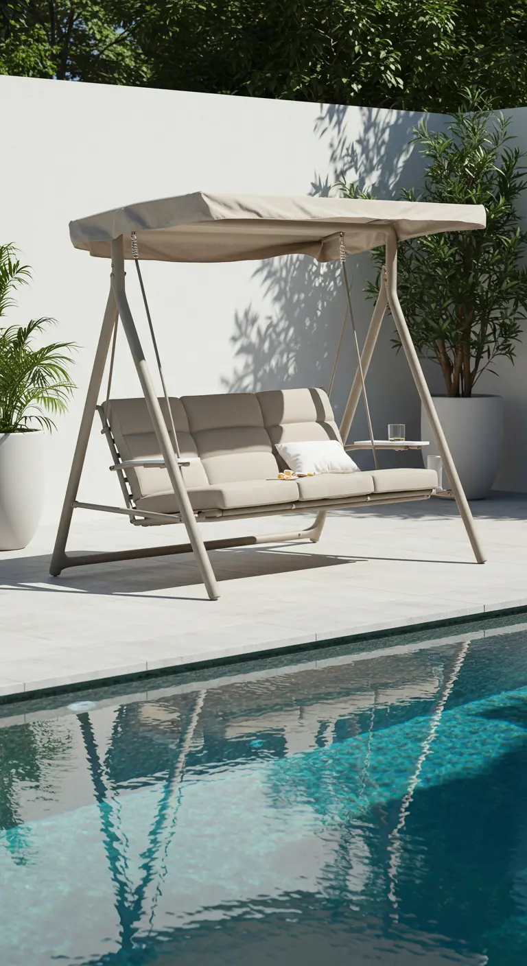 Beige schommelbank met luifel naast een zwembad op een modern tegelterras.