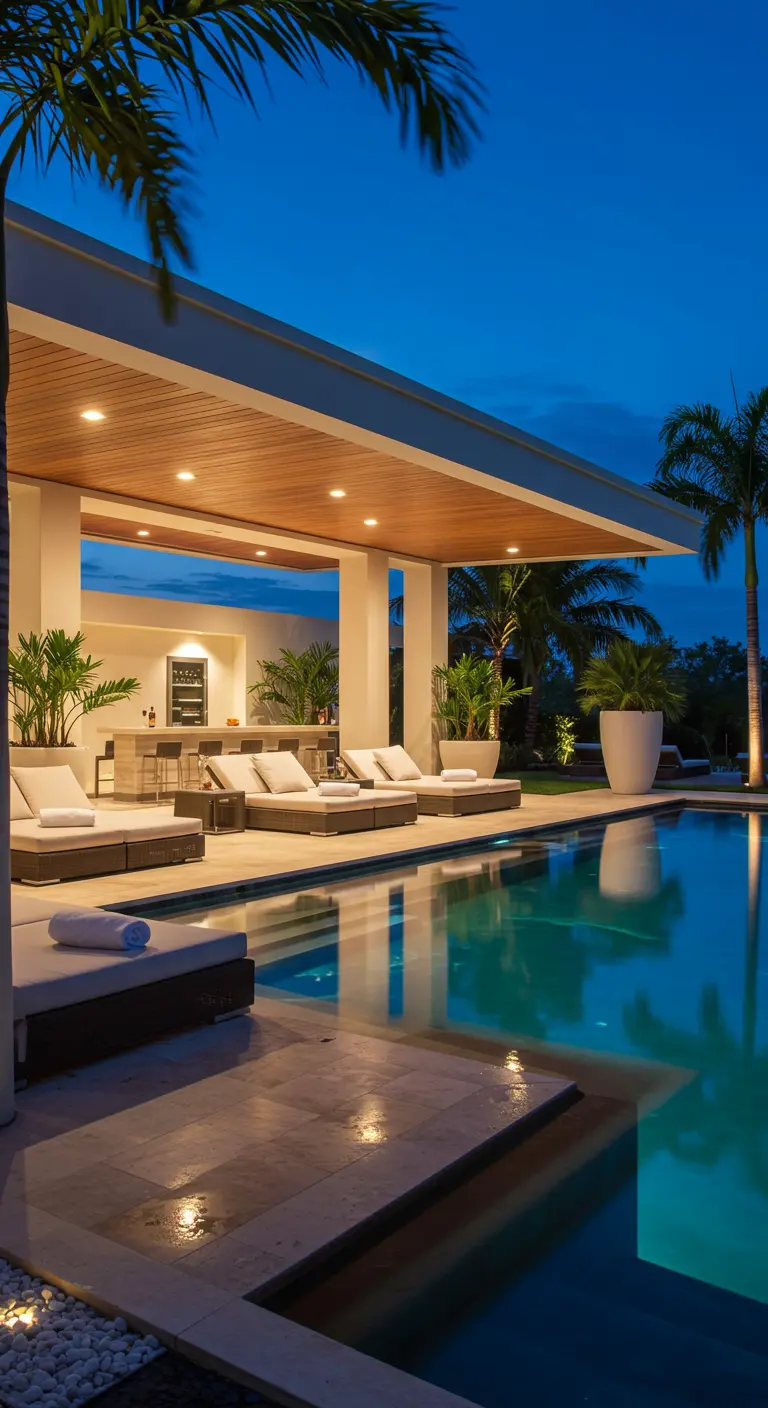 Luxe zwembadlounge met brede houten overkapping, ligbedden, buitenbar en palmbomen.